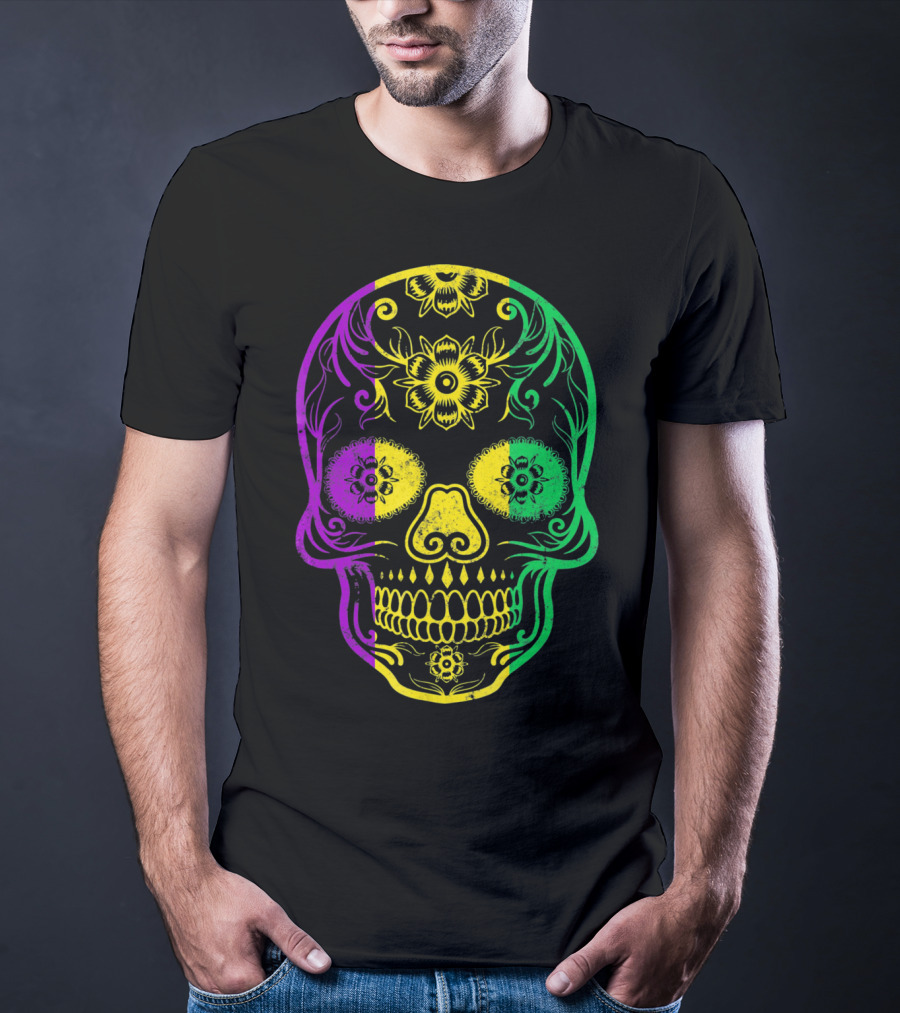 Mardi Gras Skull In Vibrant Purple Green And Yellow Fat Tuesday Colors T-Shirt