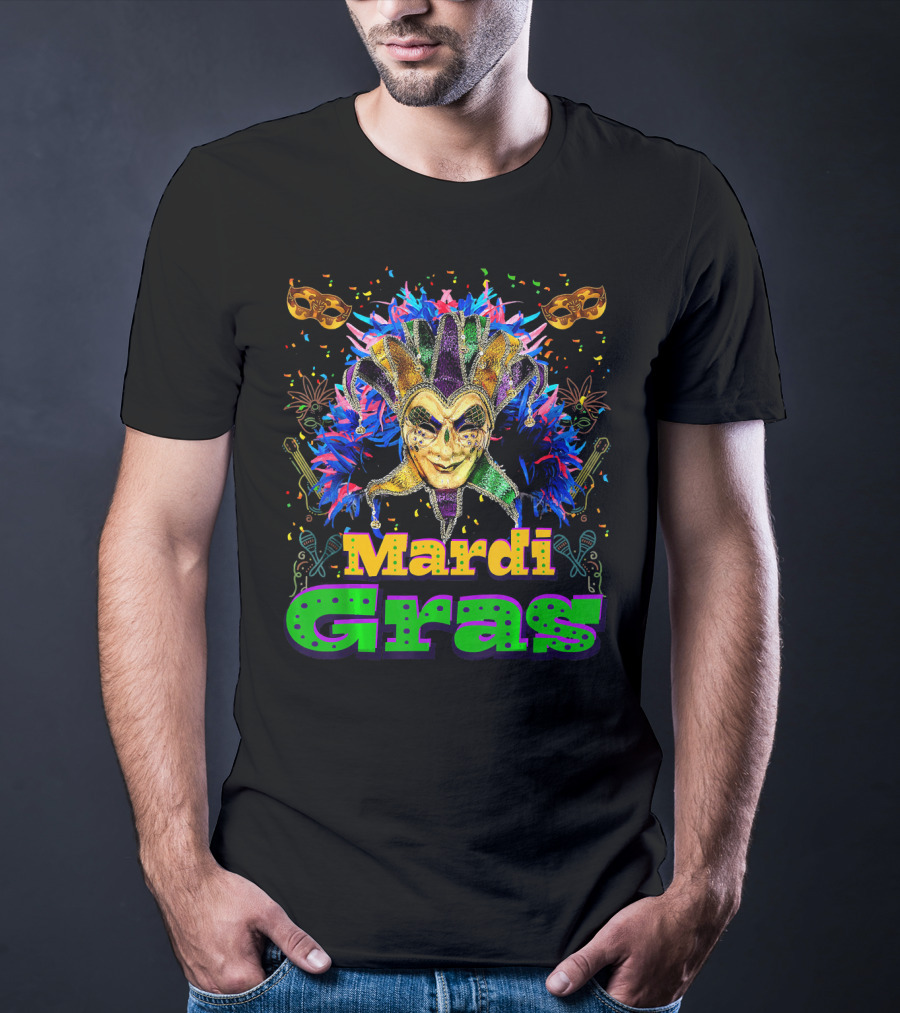 Mardi Gras New Orleans Mask Bead Colorful Jester Carnival T-Shirt