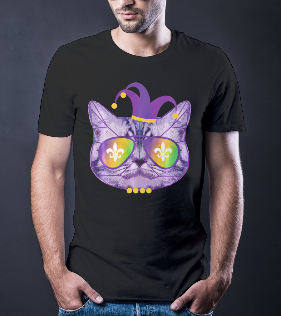Funny Cat Jester Mask Sunglasses Cat Lover Fleur-de-lis T-Shirt