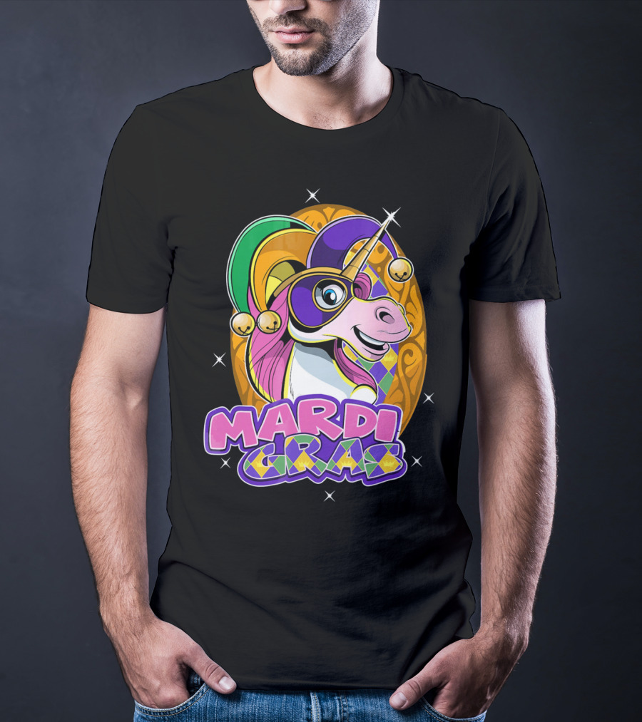 Mardi Gras Unicorn With Jester Hat And Masquerade Mask T-Shirt