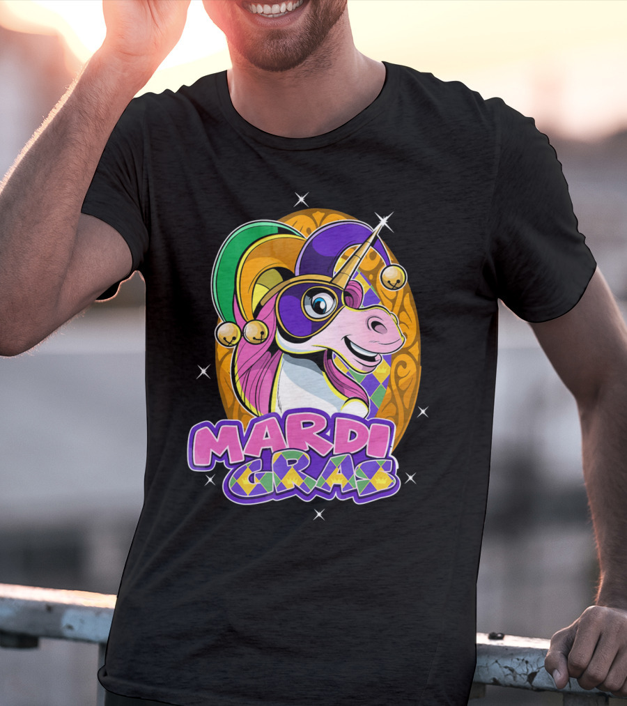 Mardi Gras Unicorn With Jester Hat And Masquerade Mask T-Shirt