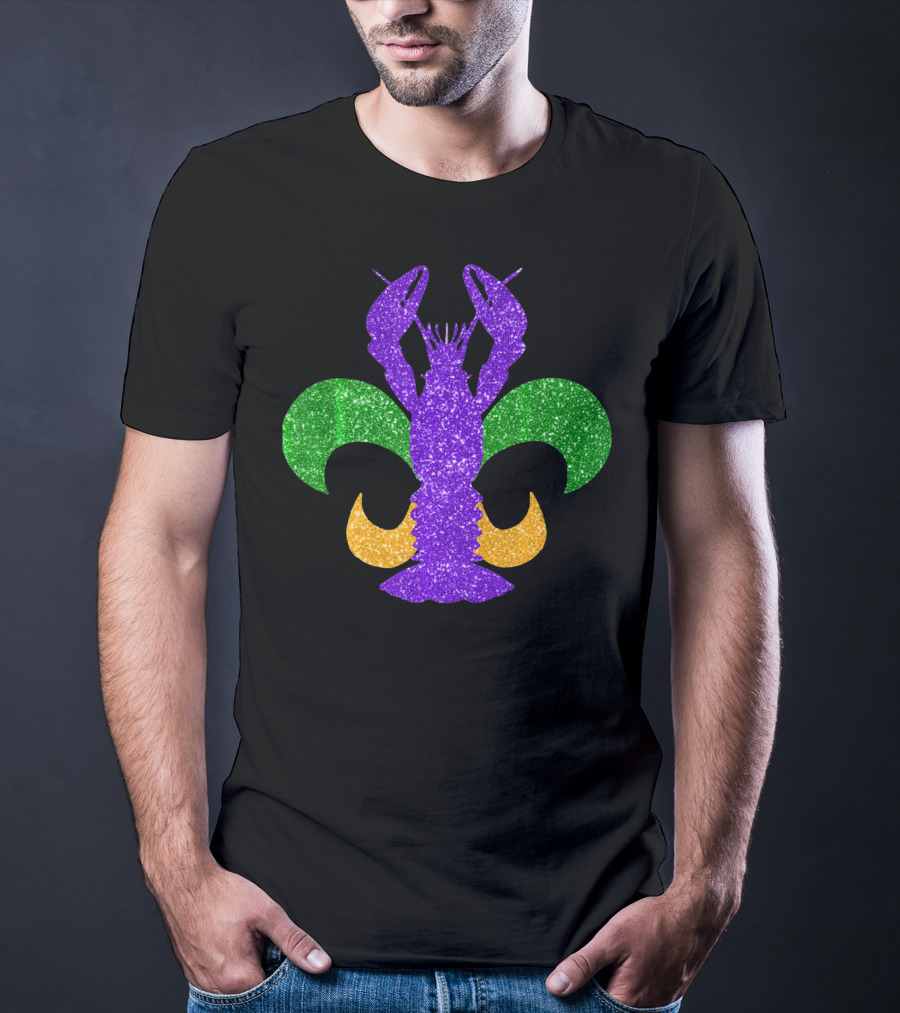 Awesome Mardi Gras Fleur De Lis Crawfish Glitter T-Shirt