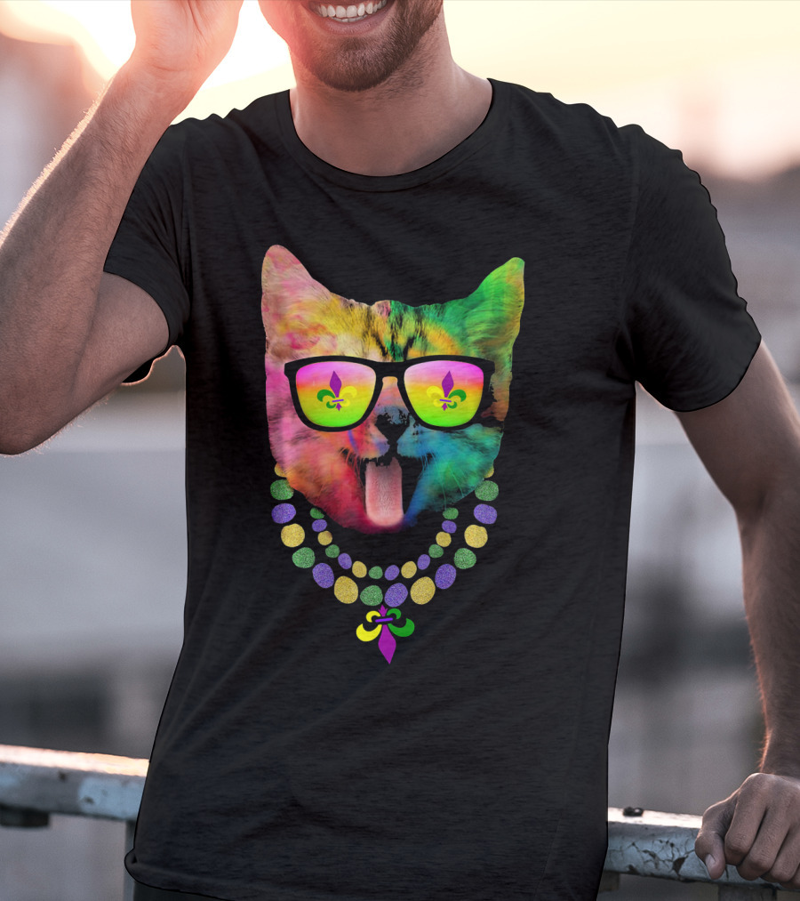 Cool Cat Mardi Gras Costume With Colorful Beads And Sunglasses Fleur-de-Lis T-Shirt