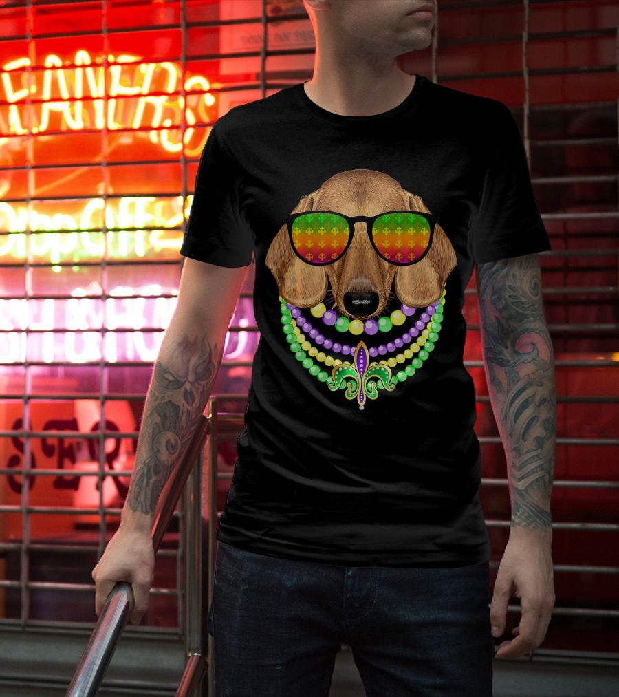 Mardi Gras Dachshund Beads Fleur-de-Lis Sunglasses T-Shirt