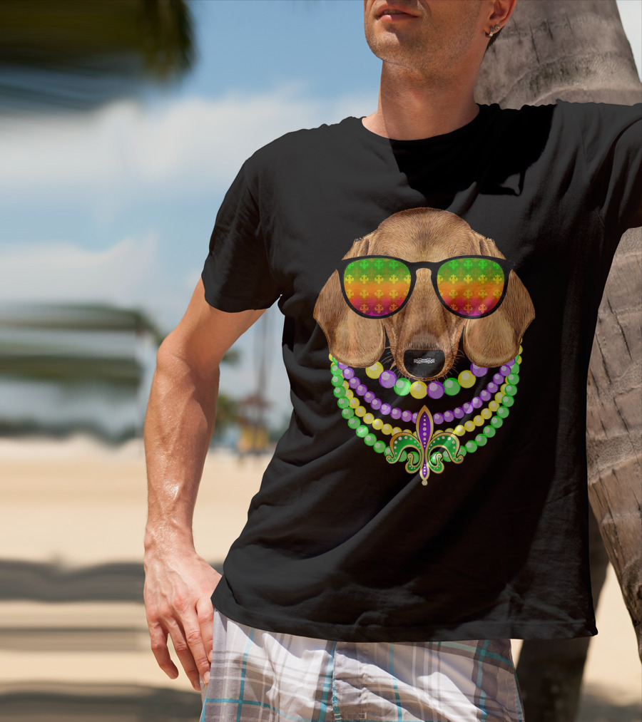 Mardi Gras Dachshund Beads Fleur-de-Lis Sunglasses T-Shirt