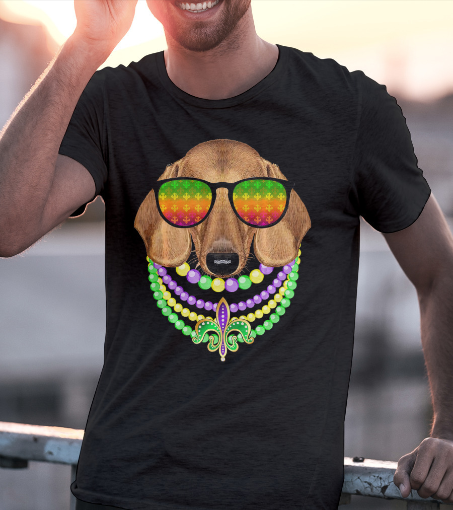 Mardi Gras Dachshund Beads Fleur-de-Lis Sunglasses T-Shirt