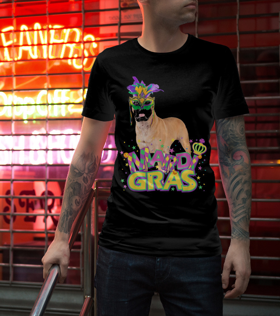 Mardi Gras Bullmastiff Mask Feathers Stars T-Shirt
