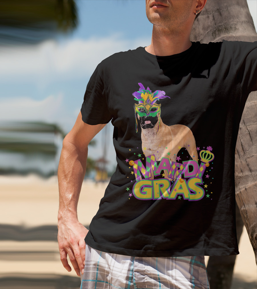 Mardi Gras Bullmastiff Mask Feathers Stars T-Shirt