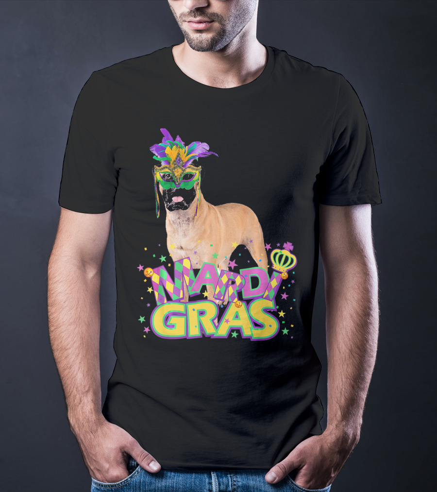 Mardi Gras Bullmastiff Mask Feathers Stars T-Shirt