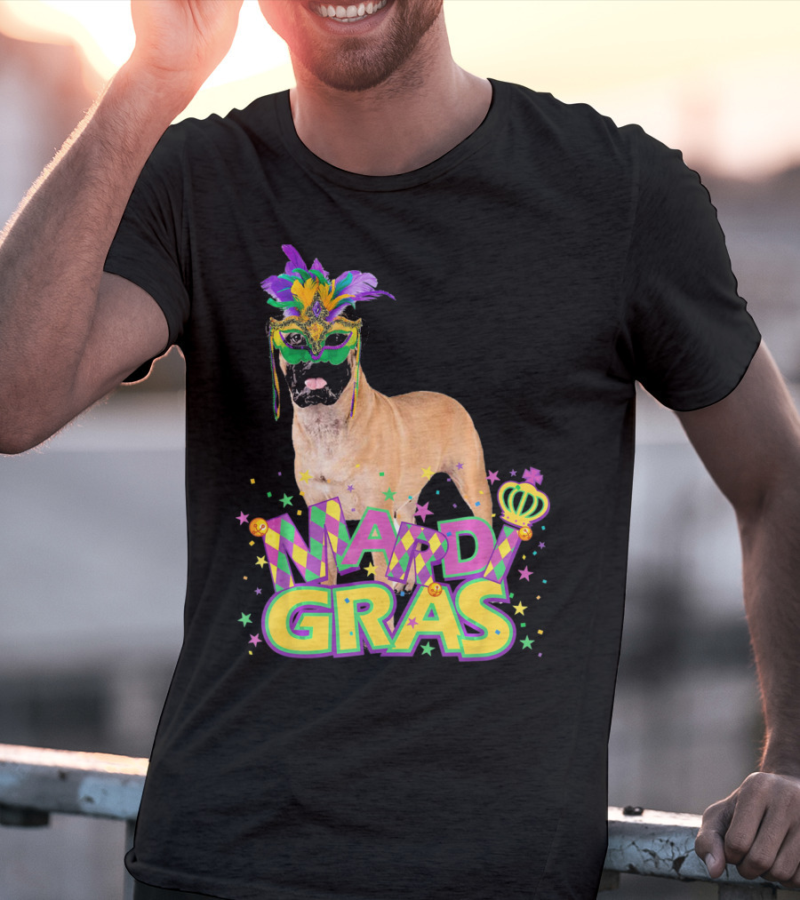 Mardi Gras Bullmastiff Mask Feathers Stars T-Shirt