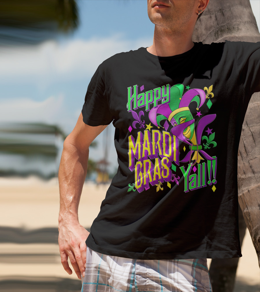 Happy Mardi Gras Yall Jester Mask Fleur De Lis T-Shirt
