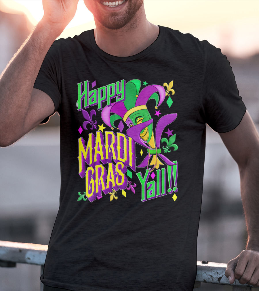 Happy Mardi Gras Yall Jester Mask Fleur De Lis T-Shirt