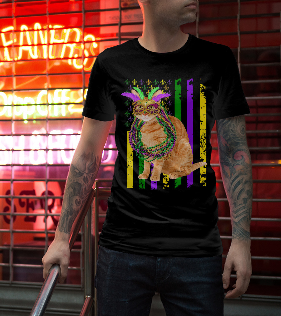 Mardi Gras Cat With Beads And Mask On Fleur-de-Lis American Flag Background T-Shirt