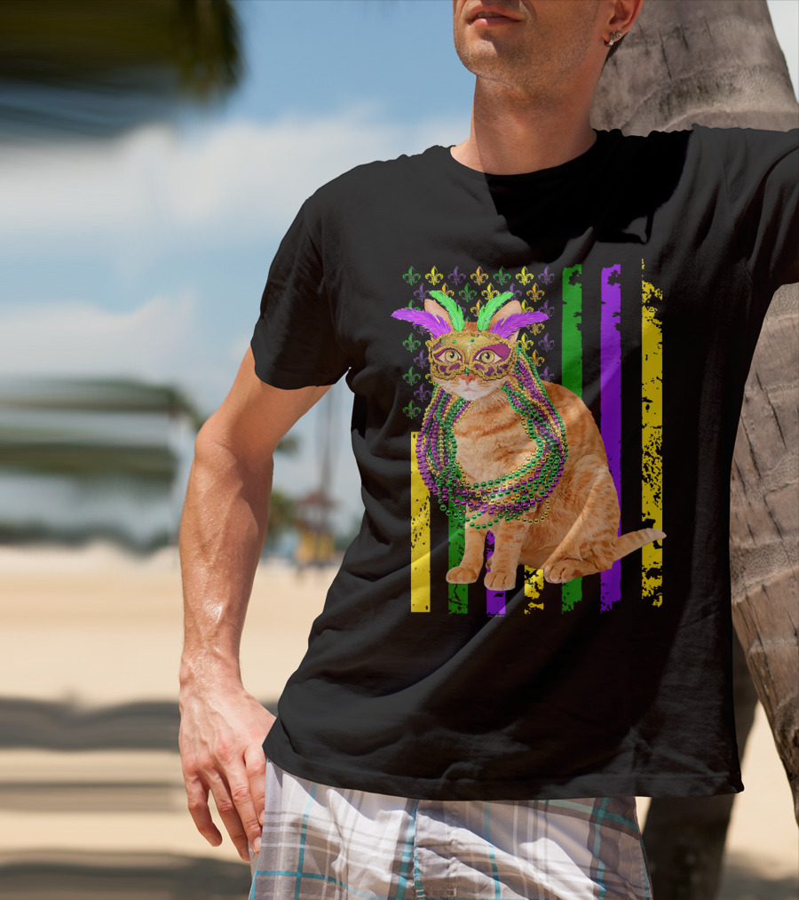 Mardi Gras Cat With Beads And Mask On Fleur-de-Lis American Flag Background T-Shirt