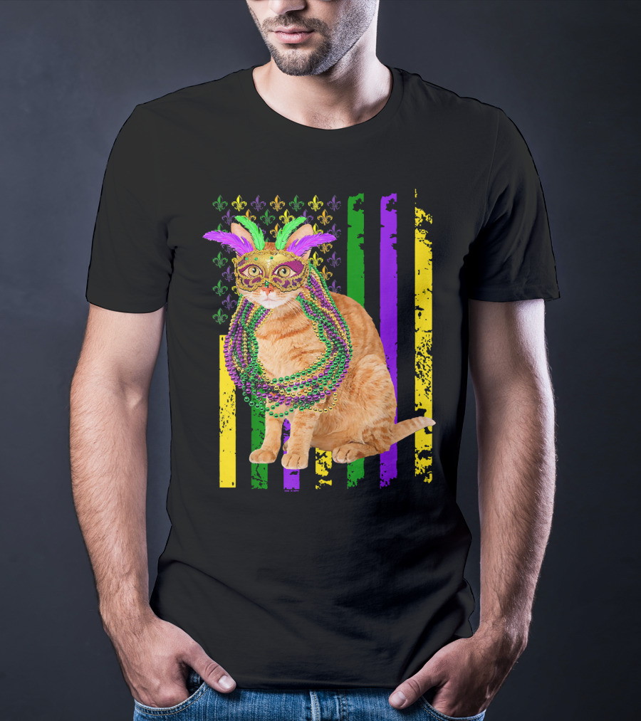 Mardi Gras Cat With Beads And Mask On Fleur-de-Lis American Flag Background T-Shirt