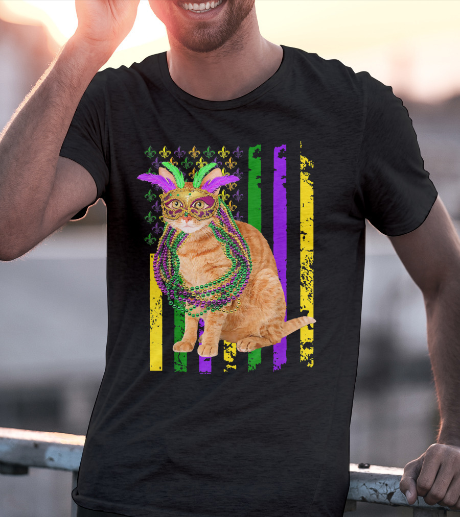 Mardi Gras Cat With Beads And Mask On Fleur-de-Lis American Flag Background T-Shirt