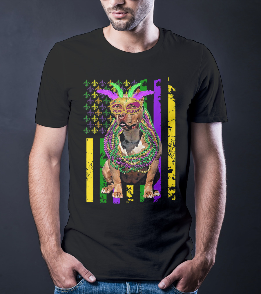 Pitbull Wearing Mardi Gras Beads And Mask With American Flag And Fleur De Lis T-Shirt