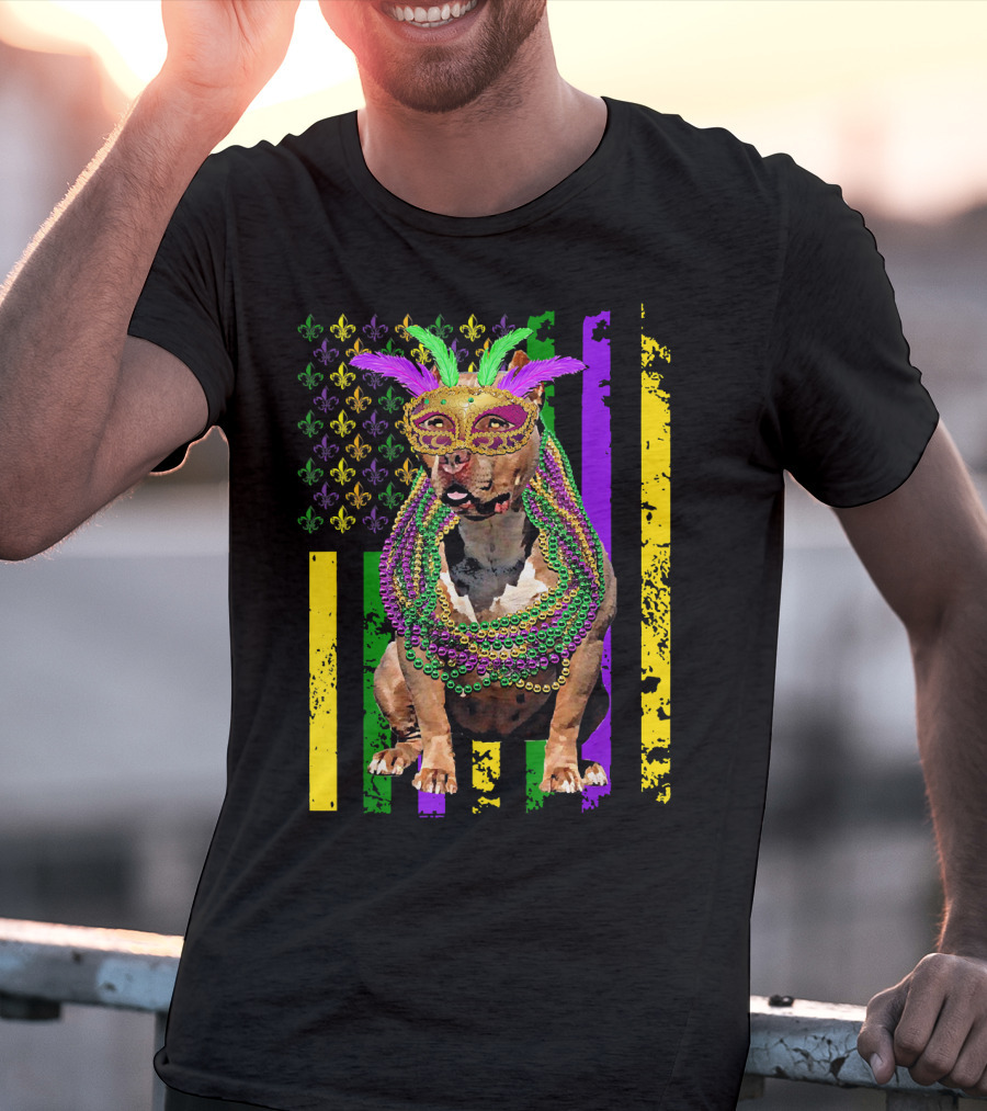 Pitbull Wearing Mardi Gras Beads And Mask With American Flag And Fleur De Lis T-Shirt