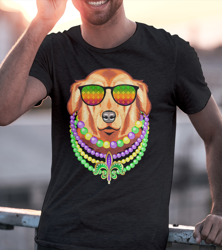 Beads And Golden Retriever Mardi Gras Fleur-de-Lis Colorful Glam Co T-Shirt