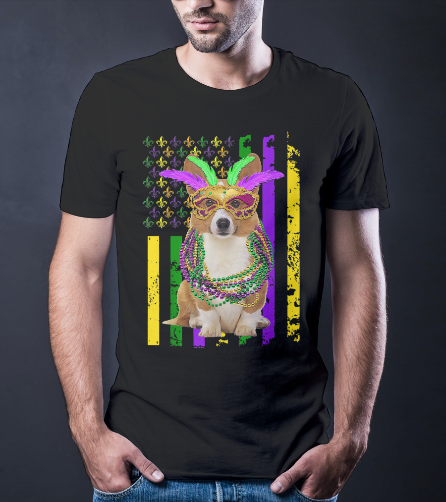 Corgi Mardi Gras American Flag With Beads And Mask T-Shirt