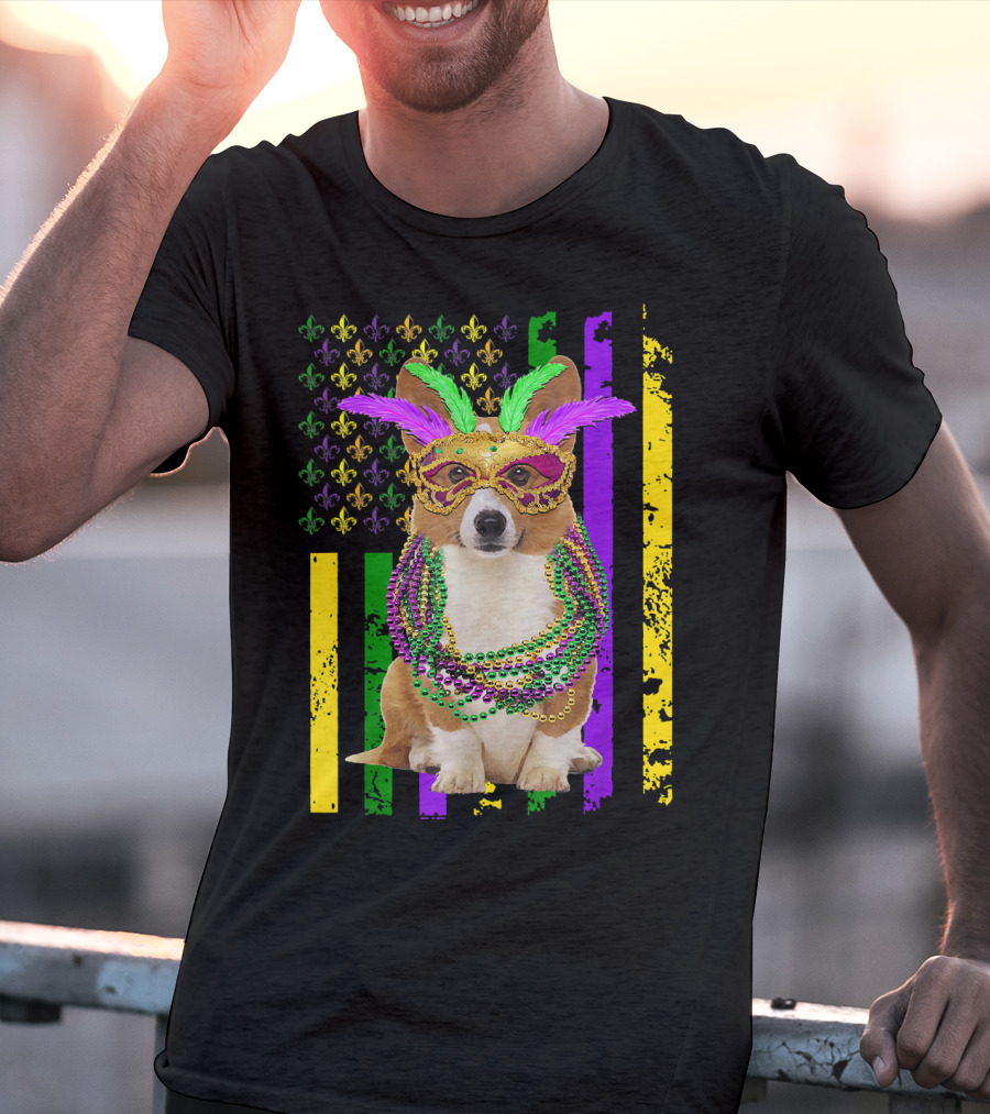 Corgi Mardi Gras American Flag With Beads And Mask T-Shirt