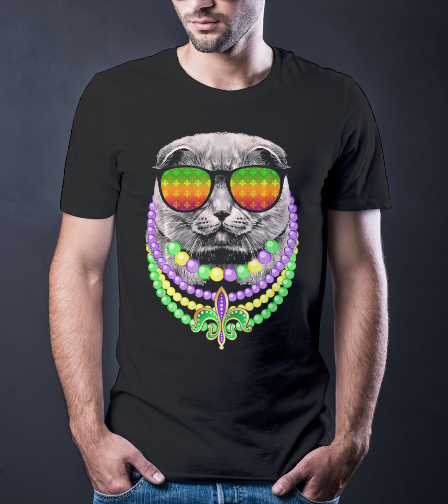 Mardi Gras Cat In Sunglasses With Beads And Fleur-de-Lis T-Shirt