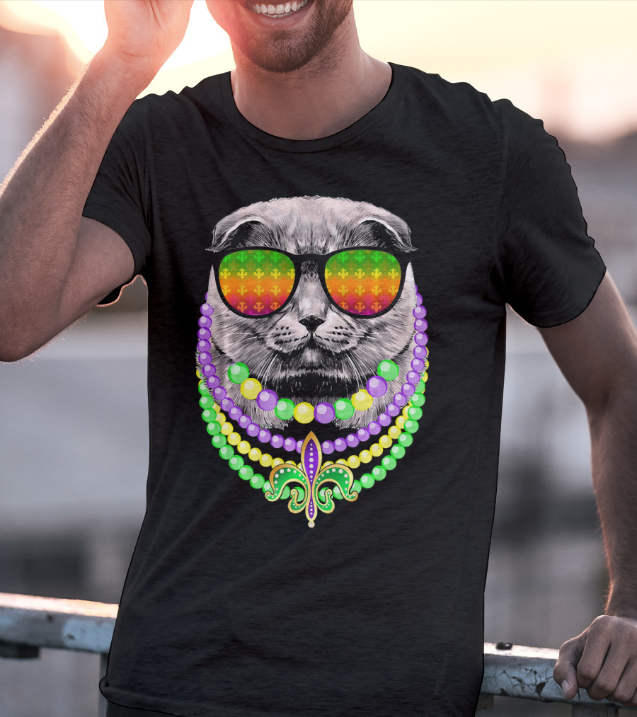 Mardi Gras Cat In Sunglasses With Beads And Fleur-de-Lis T-Shirt