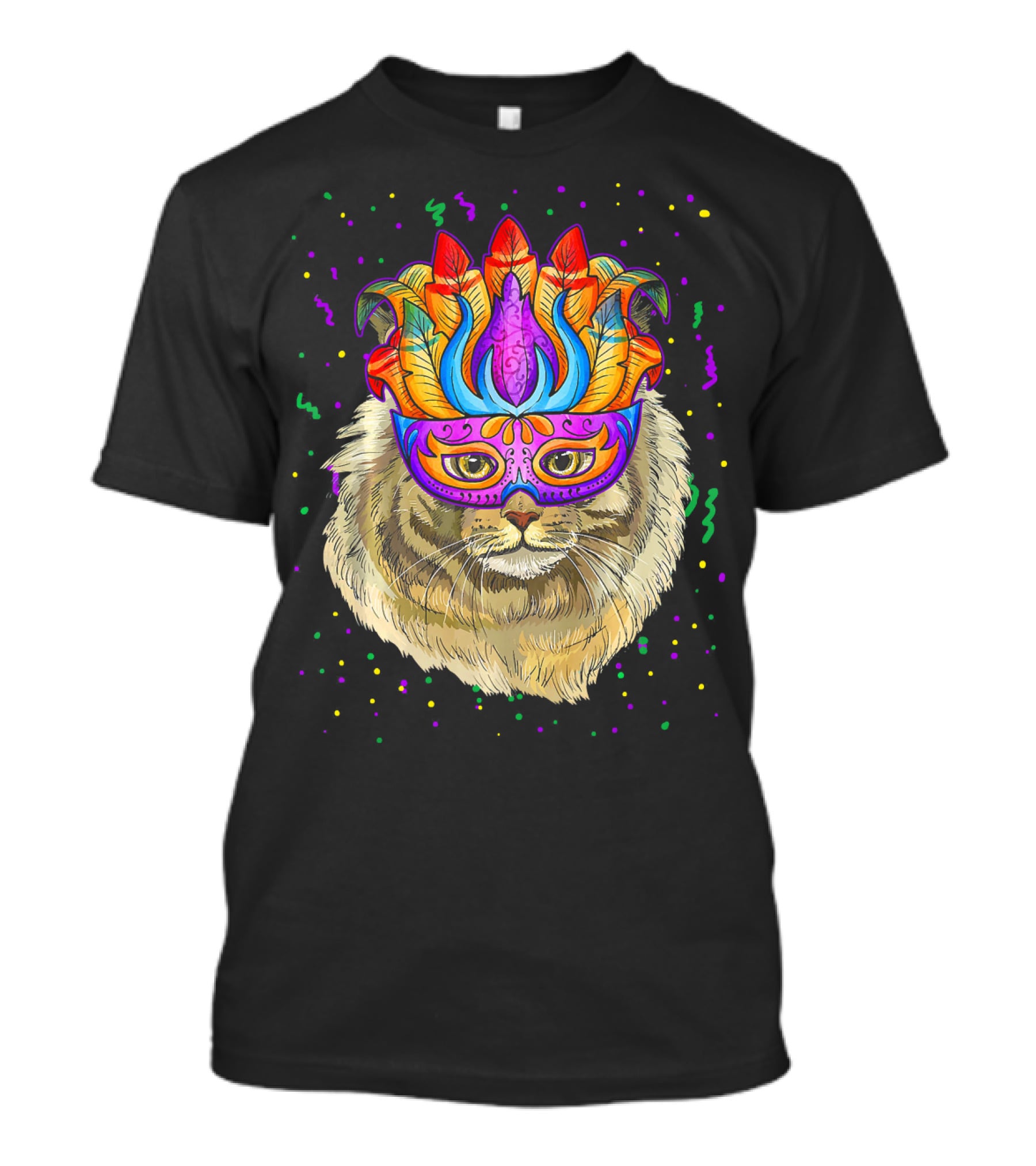 Mardi Gras Maine Coon Cat Colorful Mask Beads Festive T-Shirt