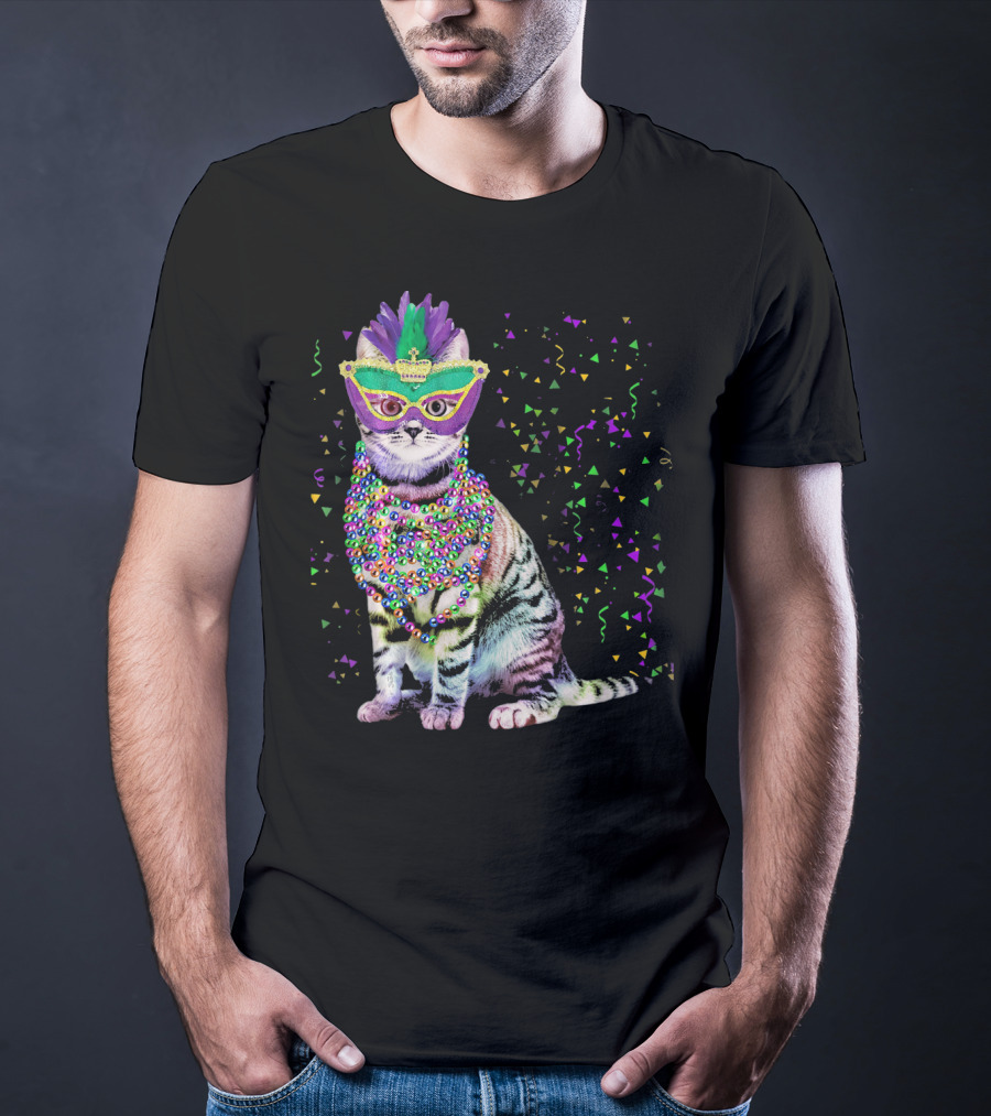 Cat Mardi Gras Beads Confetti Mask T-Shirt