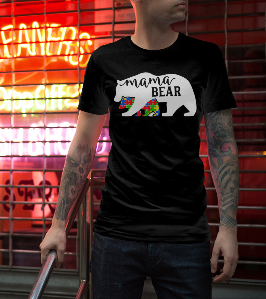 Mama Bear Autism Awareness Month Puzzle Silhouette Fam T-Shirt