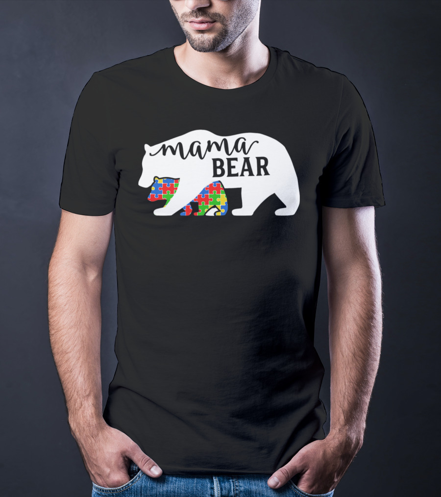 Mama Bear Autism Awareness Month Puzzle Silhouette Fam T-Shirt