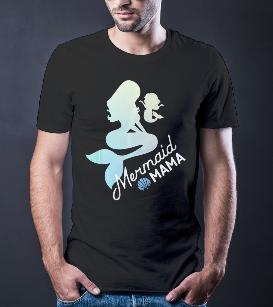 Mermaid Mama Sea Lover With Baby Silhouette And Shell T-Shirt