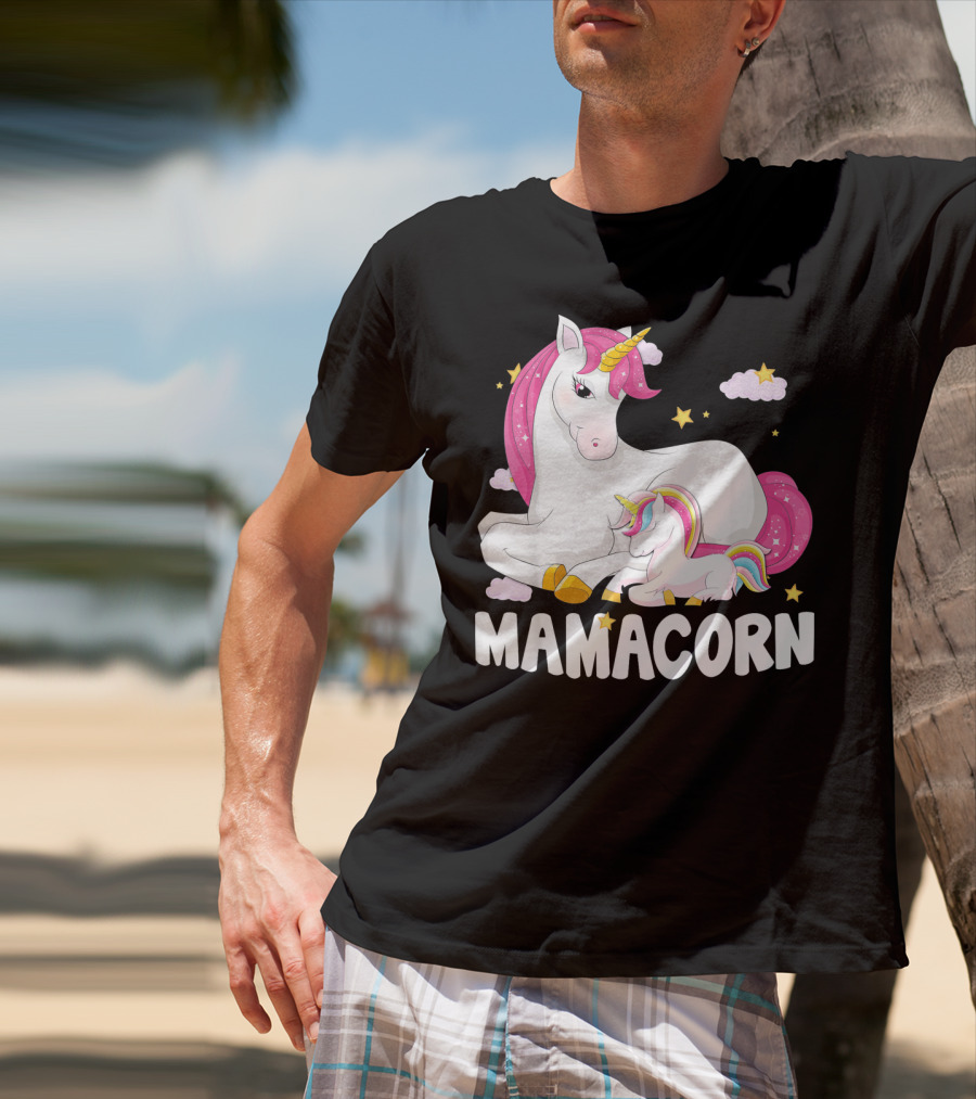 Mamacorn Unicorn New Mom Baby Momm With Stars And Clouds T-Shirt