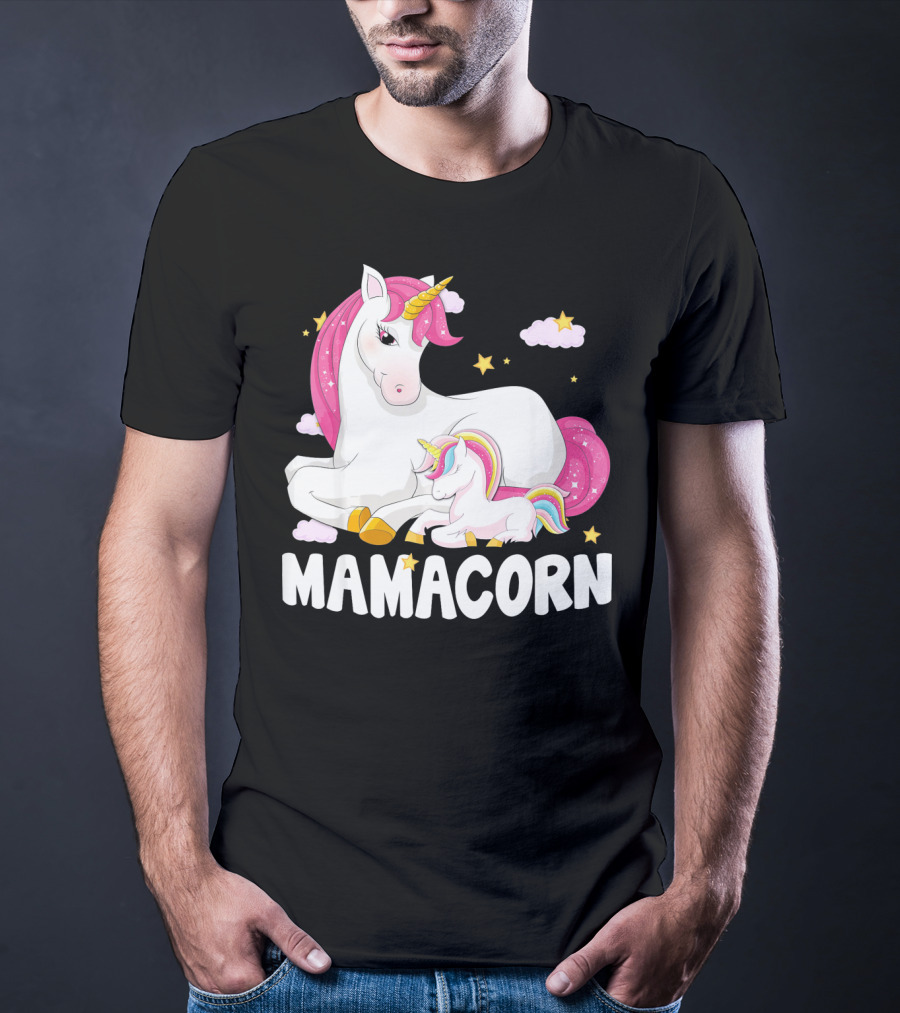 Mamacorn Unicorn New Mom Baby Momm With Stars And Clouds T-Shirt