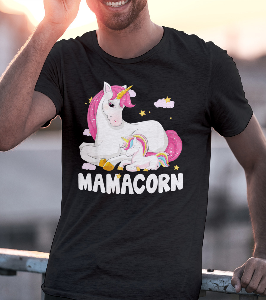 Mamacorn Unicorn New Mom Baby Momm With Stars And Clouds T-Shirt