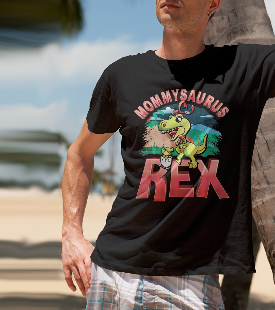 Mommysaurus Rex Dinosaur With Baby Egg In Prehistoric Landscape T-Shirt