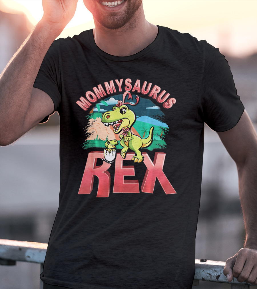 Mommysaurus Rex Dinosaur With Baby Egg In Prehistoric Landscape T-Shirt
