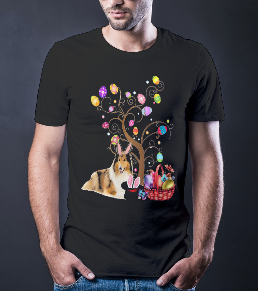 Bunny Rough Collie Easter Day Hunting Eggs Basket Tree T-Shirt