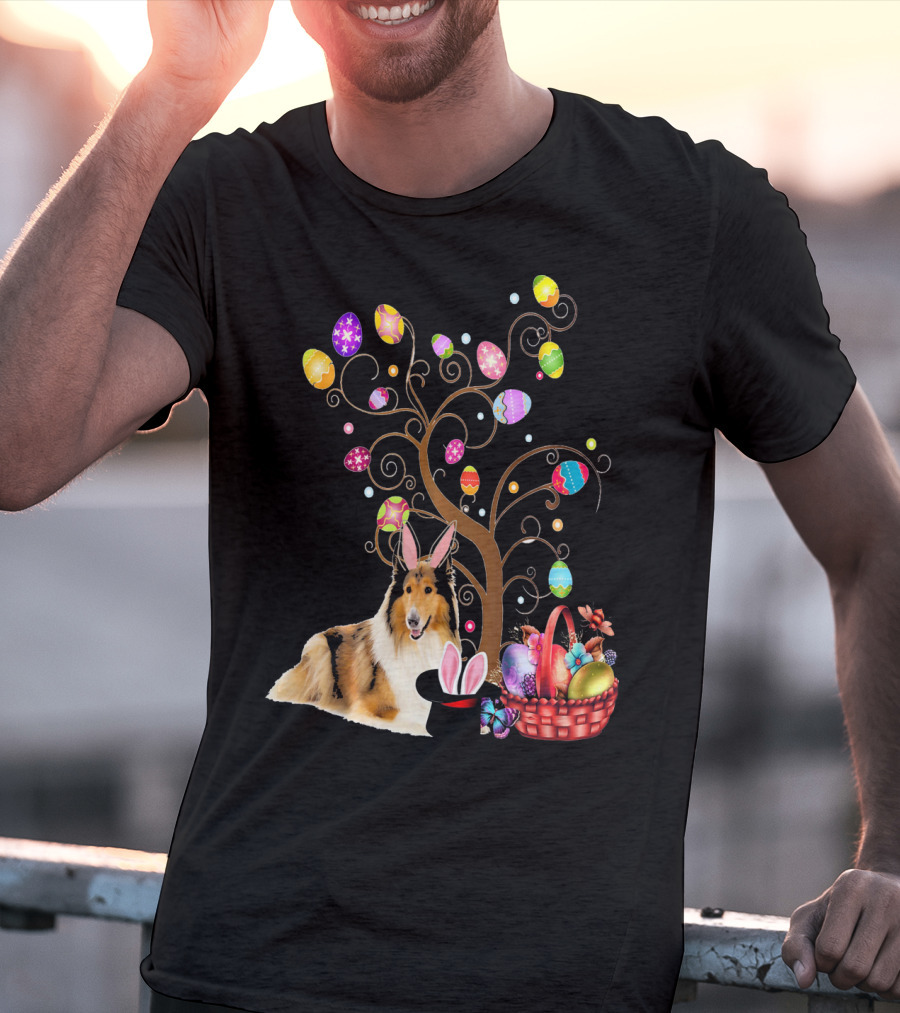 Bunny Rough Collie Easter Day Hunting Eggs Basket Tree T-Shirt