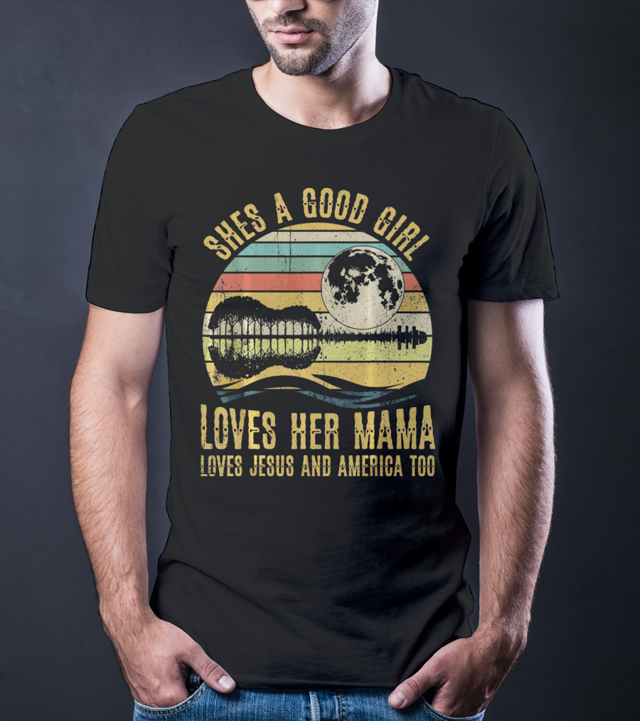 She's A Good Girl Loves Her Mama Loves Jesus And America Too Retro Acoustic Guitar Moon T-Shirt