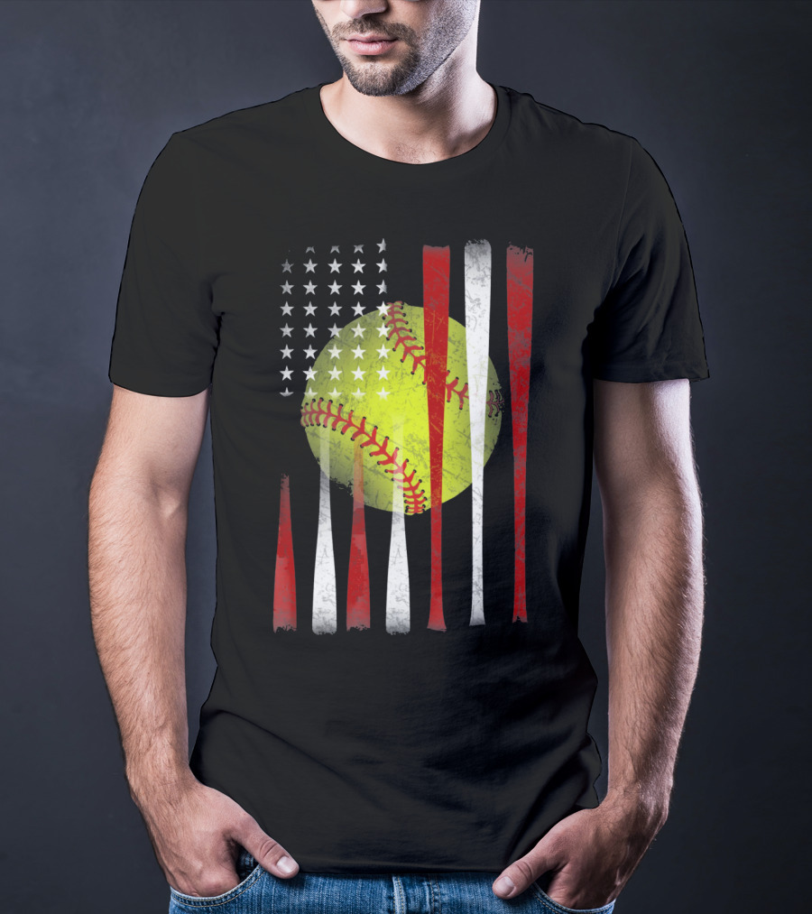 American Flag Vintage Softball Bats Stars Baseball T-Shirt