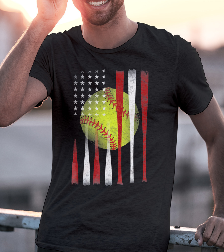 American Flag Vintage Softball Bats Stars Baseball T-Shirt
