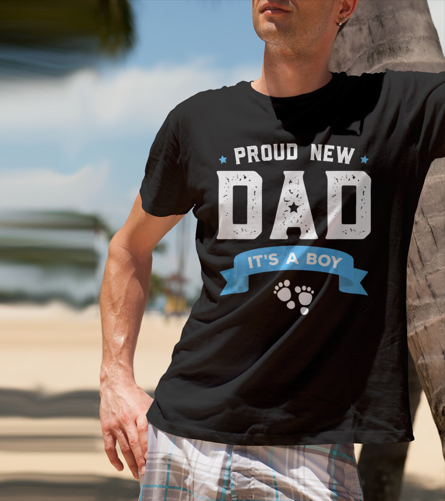 Proud New Dad It's A Boy With Baby Footprints And Stars T-Shirt
