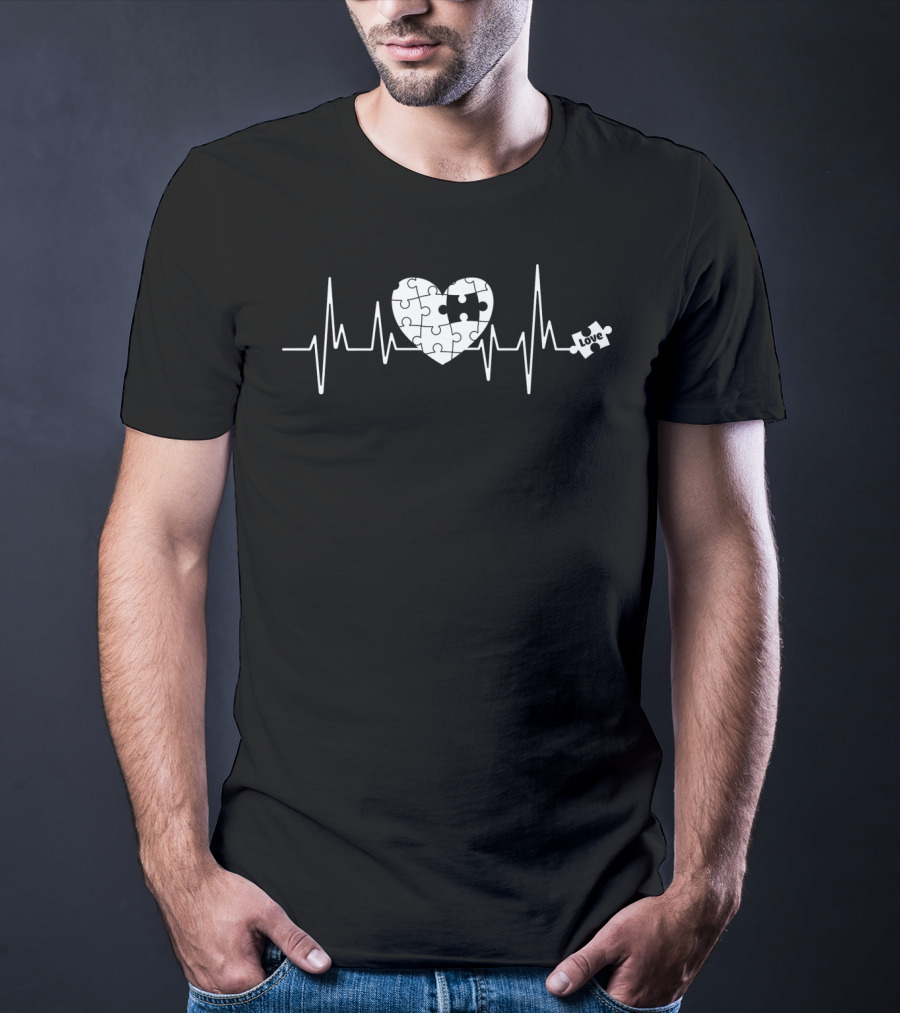 Love Heart Puzzle Autism Awareness Heartbeat T-Shirt