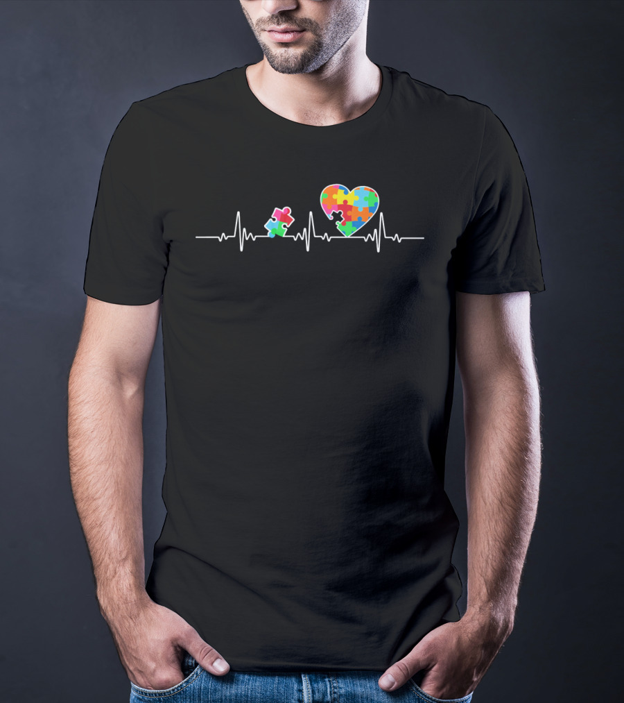Autism Awareness Puzzle Heartbeat With Colorful Puzzle Heart T-Shirt