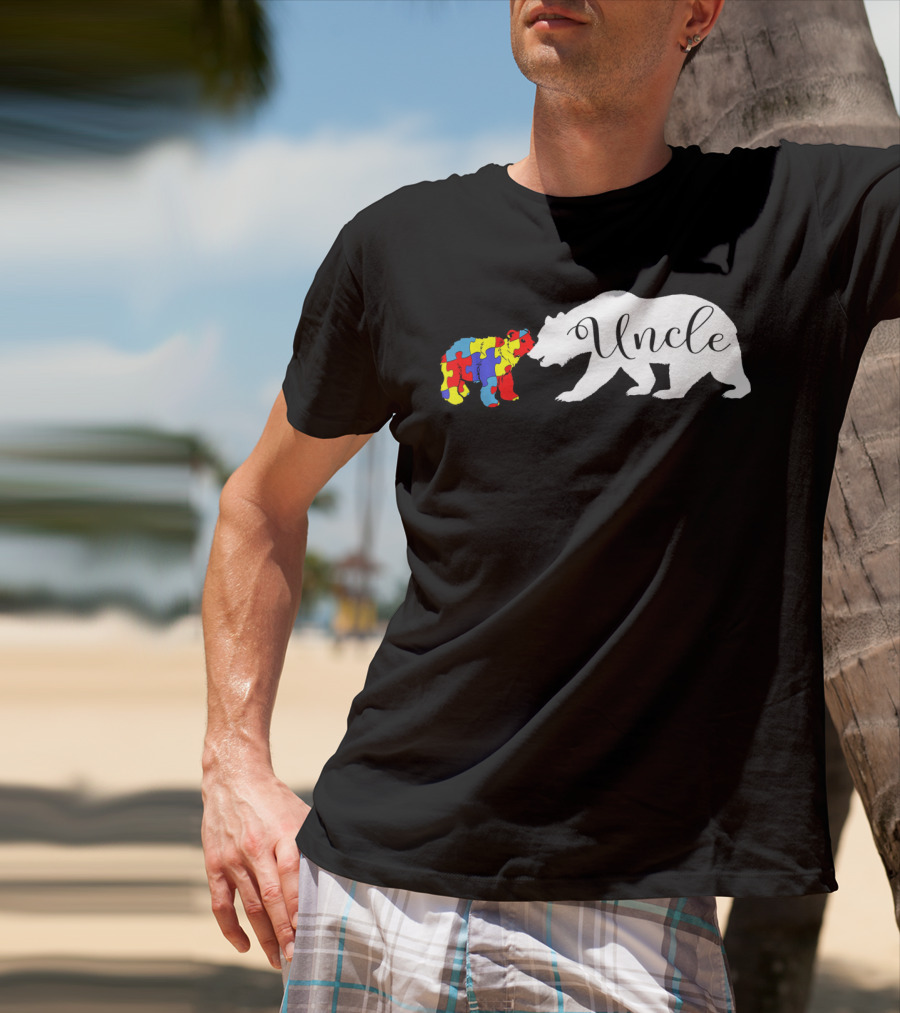 Uncle Bear With Autism Puzzle Bear Design For Awareness Month T-Shirt