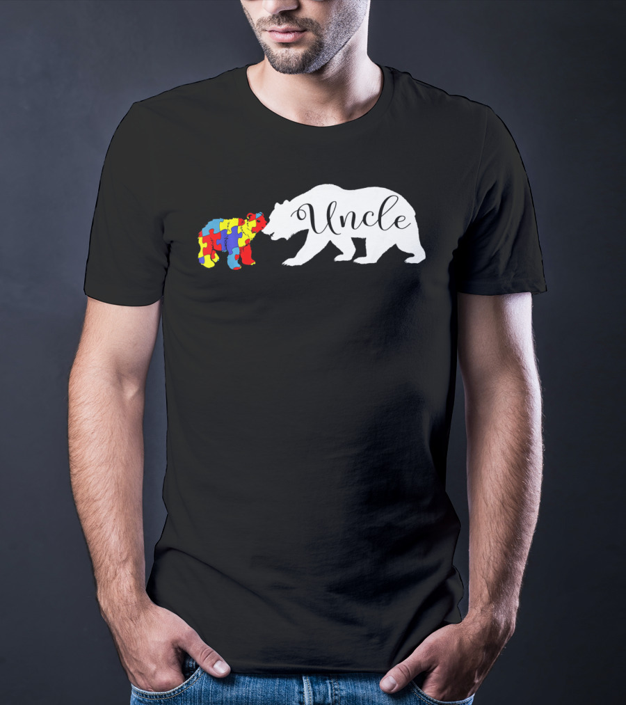 Uncle Bear With Autism Puzzle Bear Design For Awareness Month T-Shirt