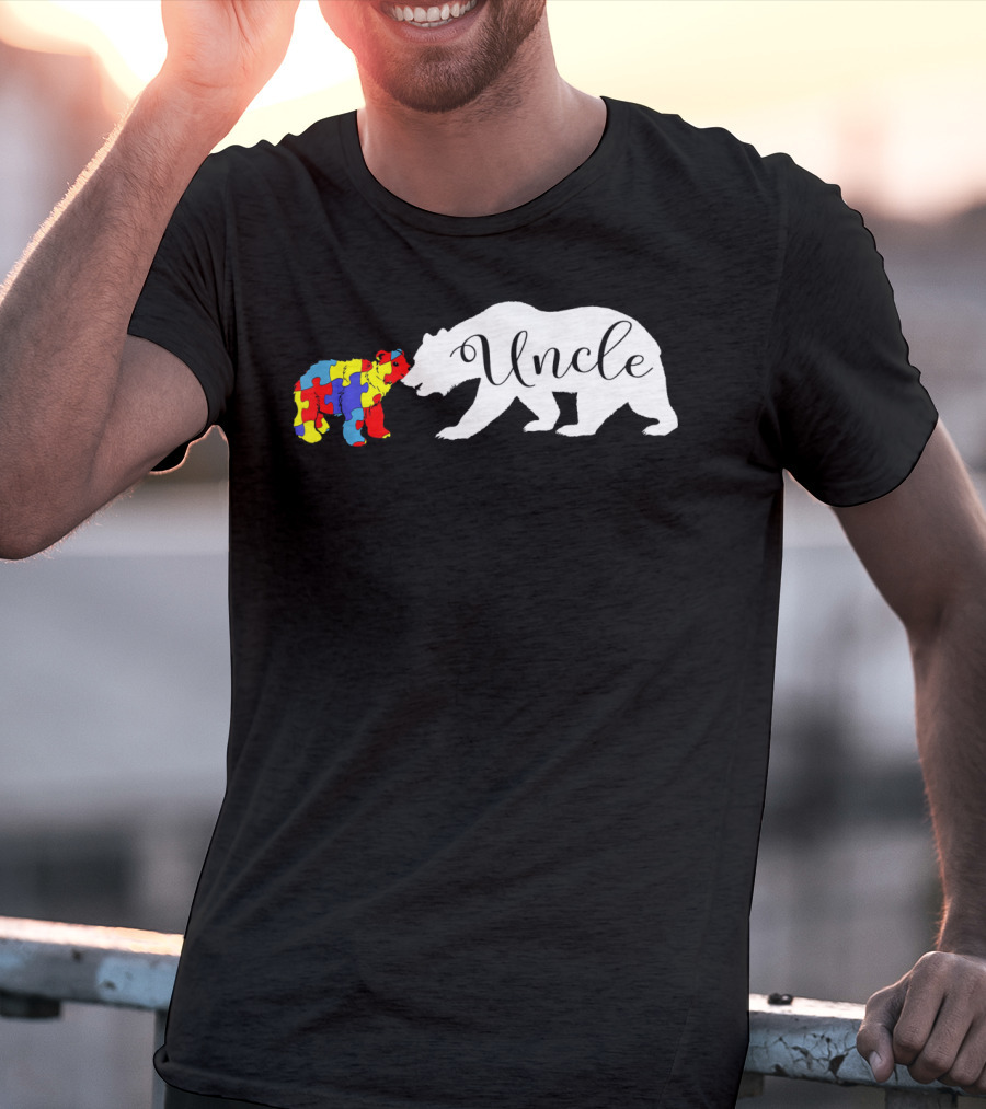 Uncle Bear With Autism Puzzle Bear Design For Awareness Month T-Shirt