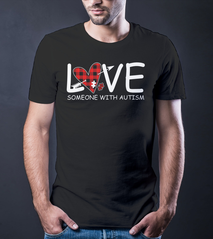 Love Someone With Autism Red Plaid Heart Puzzle Piece T-Shirt