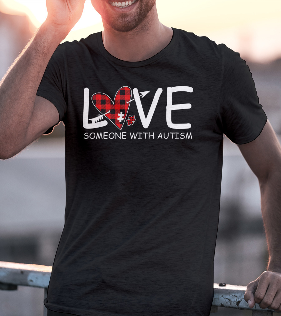 Love Someone With Autism Red Plaid Heart Puzzle Piece T-Shirt